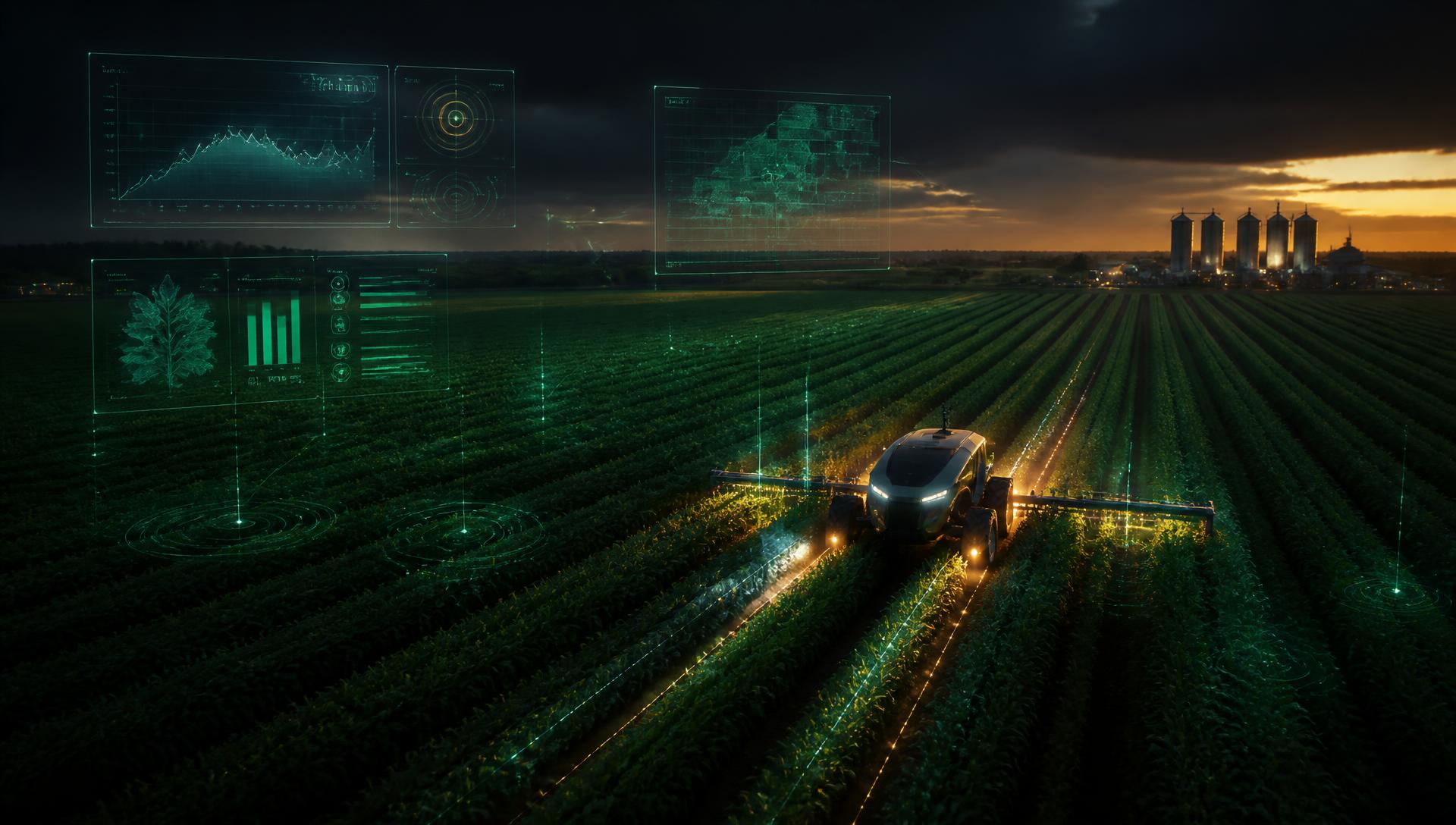 Fazenda moderna com agricultura de precisão e camadas holográficas de inteligência artificial